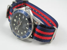 Load image into Gallery viewer, Red and Blue Premium Seatbelt Herringbone NATO® strap for Omega Seamaster