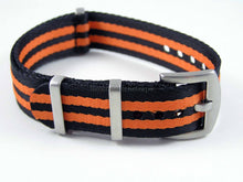 Load image into Gallery viewer, Dense Twill Premium NATO watch strap for ALL 20mm watches 3 black 2 orange stripes