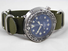 Load image into Gallery viewer, Green with brushed steel  fittings Zulu G10 Nato® watch strap for Seiko Watch