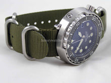 Load image into Gallery viewer, Green with brushed steel  fittings Zulu G10 Nato® watch strap for Seiko Watch