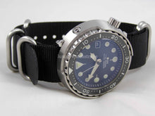 Load image into Gallery viewer, Black with brushed steel  fittings Zulu G10 Nato® watch strap for Seiko Watch