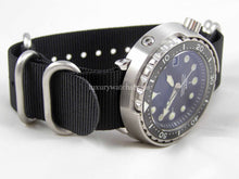 Load image into Gallery viewer, Black with brushed steel  fittings Zulu G10 Nato® watch strap for Seiko Watch
