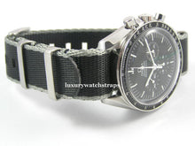 Load image into Gallery viewer, Black Grey Edge Premium Seatbelt Herringbone NATO® strap for Omega Seamaster