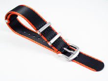 Load image into Gallery viewer, Dense Twill Premium NATO watch strap for ALL 20mm watches black orange edge