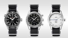 Load image into Gallery viewer, Black Grey Edge Premium Seatbelt Herringbone NATO® strap for Omega Seamaster