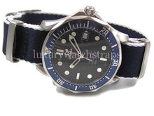 Load image into Gallery viewer, blue white edge Premium Seatbelt Herringbone NATO® strap for Omega Seamaster