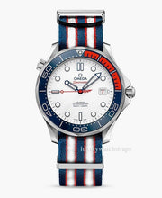 Load image into Gallery viewer, red white and blue Premium Seatbelt Herringbone NATO® strap for Omega Seamaster
