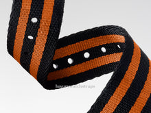 Load image into Gallery viewer, Orange and Black Premium Seatbelt Herringbone NATO® strap for Omega Seamaster
