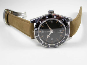 James Bond Seamaster Chronometer Watch Sterile Dial Genuine Japanese Miyota movement. Ceramic bezel. Leather Strap