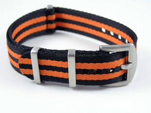 Load image into Gallery viewer, Dense Twill Premium NATO watch strap for ALL 20mm watches 3 black 2 orange stripes
