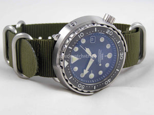 Green with brushed steel  fittings Zulu G10 Nato® watch strap for Seiko Watch