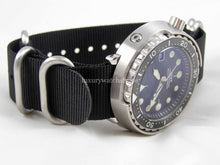 Load image into Gallery viewer, Black with brushed steel  fittings Zulu G10 Nato® watch strap for Seiko Watch
