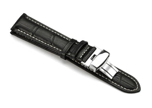 black leather white stitching leather deployment watch strap for Longines watch
