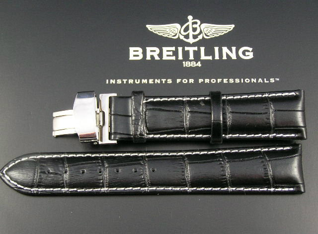 black leather white stitching watch strap for Breitling watch