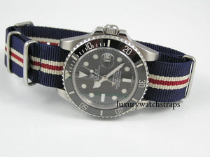 Superb ballistic nylon G10 Nato® watch strap for OMEGA Seamaster Speedmaster watches. RAF (Light) & Royal (Dark) Dark Blue.