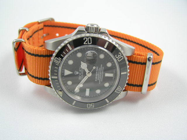 Superb orange / Black ballistic nylon Nato® watch strap for Rolex Submariner GMT Yachtmaster watches