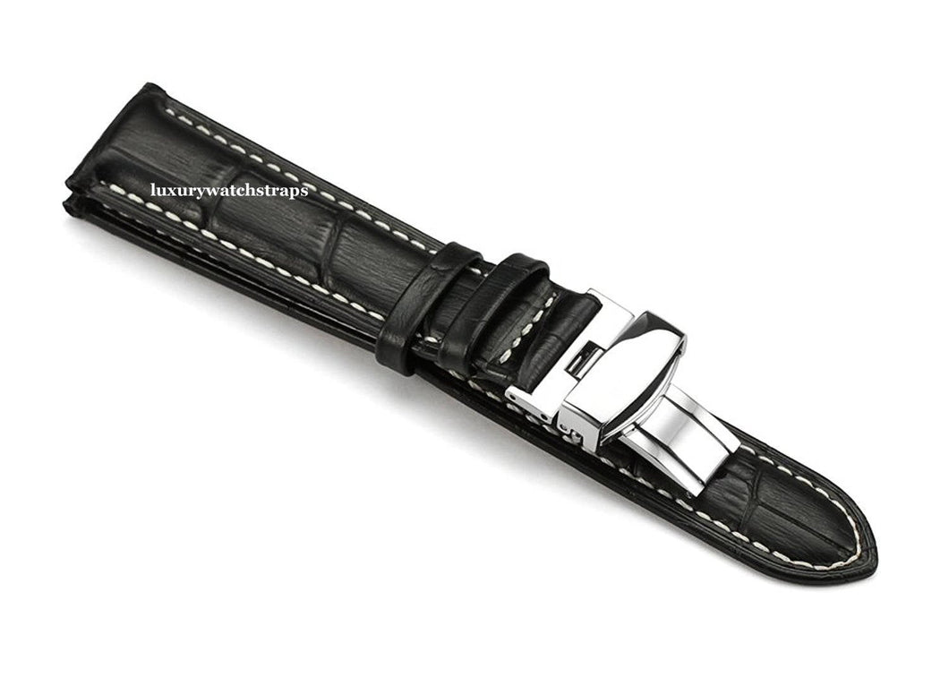 black leather white stitching watch strap for Rolex 20mm Watches.
