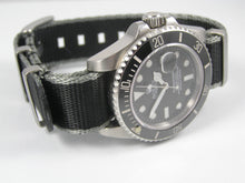 Load image into Gallery viewer, premium seatbelt nylon nato watch strap black black grey edge
