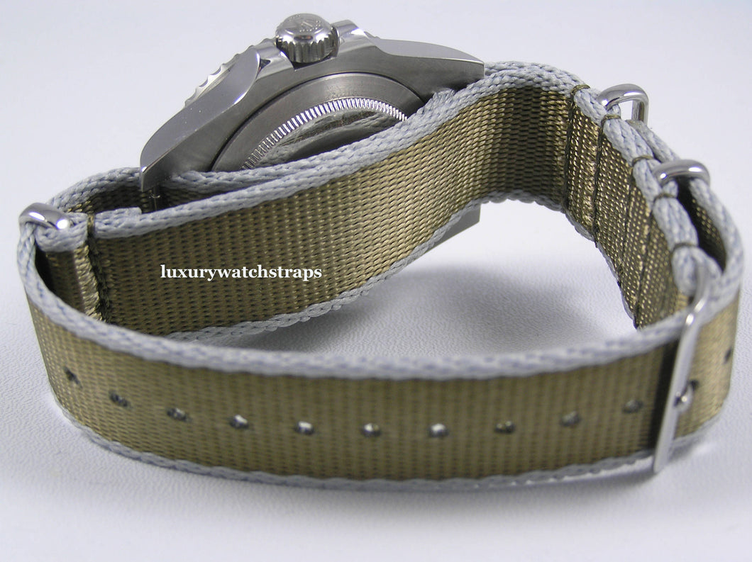 Premium Seatbelt Herringbone NATO Green and Grey Edge strap