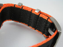 Load image into Gallery viewer, premium seatbelt nylon nato watch strap black orange trim
