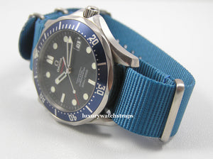 Superb ballistic nylon G10 Nato® watch strap for OMEGA Seamaster Speedmaster watches. RAF (Light) & Royal (Dark) Dark Blue.