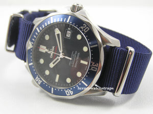 Superb ballistic nylon G10 Nato® watch strap for OMEGA Seamaster Speedmaster watches. RAF (Light) & Royal (Dark) Dark Blue.