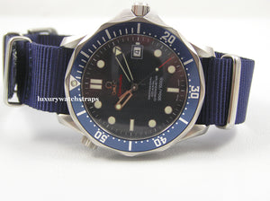 Superb ballistic nylon G10 Nato® watch strap for OMEGA Seamaster Speedmaster watches. RAF (Light) & Royal (Dark) Dark Blue.