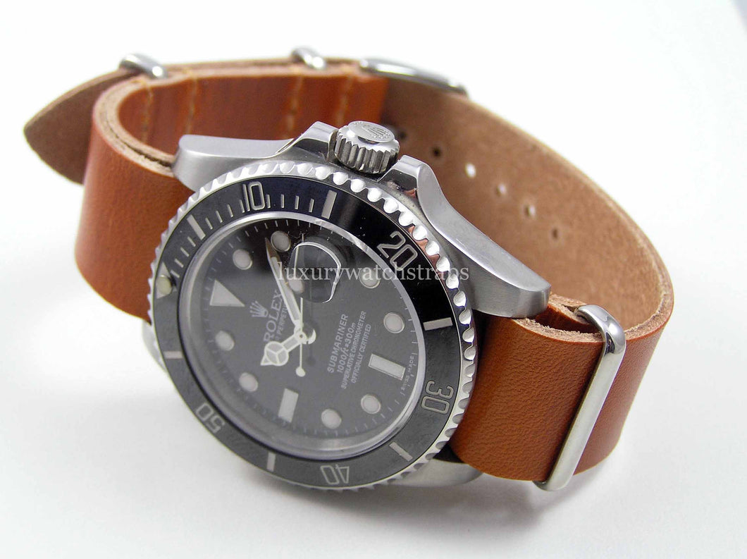 Superb Tan Green Black Brown handmade leather Nato® watch strap for Rolex Submariner GMT Yachtmaster watches