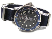 Load image into Gallery viewer, blue white edge Premium Seatbelt Herringbone NATO® strap for Omega Seamaster
