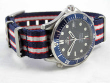 Load image into Gallery viewer, red white and blue Premium Seatbelt Herringbone NATO® strap for Omega Seamaster

