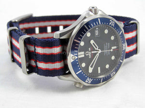 red white and blue Premium Seatbelt Herringbone NATO® strap for Omega Seamaster