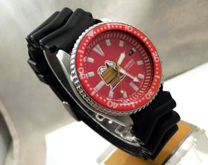 Custom Made Seiko Ceramic Red Snoopy Peanuts Automatic Scuba Divers Date Watch 7002 Overhauled Serviced