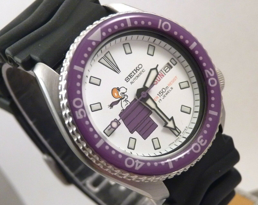 Custom Made Seiko Purple Ceramic Snoopy Red Baron Automatic Diver Day Date Watch 6309