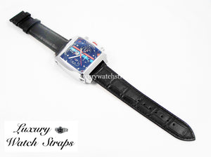 black leather black stitching leather deployment watch strap for Tag Heuer watches